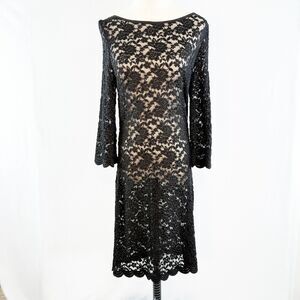Vintage 1990s | Thea Dora | Black Lace Sheer Body Long Sleeve Tight Dress | Sz M
